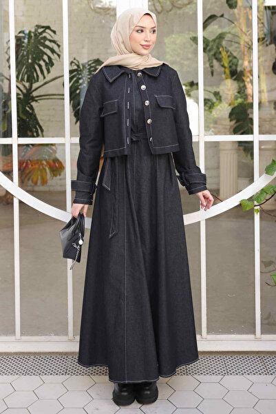 İmajButik Black Denim Jacket Dress Double Combination Set