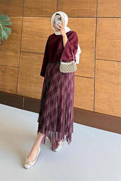 Rimel Moda Mateo Patterned Skirt Set Burgundy