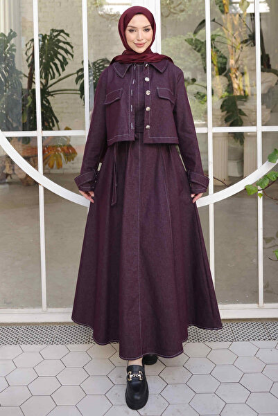 İmajButik Plum Denim Jacket Dress Double Combination Set