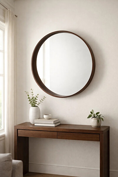 MARIA HOMES Premium Round Wood Frame Wall Mirror 80cm M51 Brown Modern Home D...