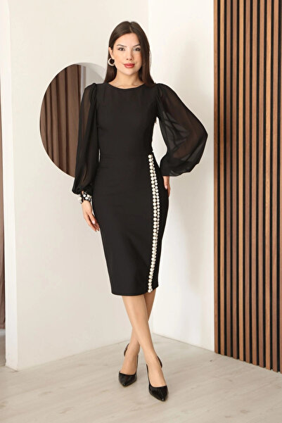 lodmela Βραδινό φόρεμα με μανίκια μπαλόνια και διακόσμηση από πέρλες και πέτρ...