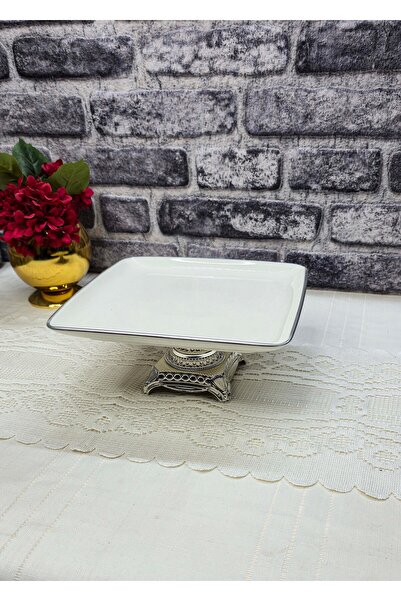SEÇKİNEV Pisa Kare River Footed Presentation Plate Silver 24cm