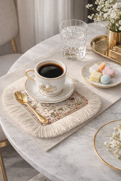 Evimde Bambaşka Elegant Floral Fringed Presentation Napkin-Vintage Romantic Powder Nostalgic Coaster Serving Handkerchief