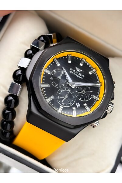 FERRO Sports Men's Wristwatch, Functions Active, Yellow Silicone Cord, in Sty...