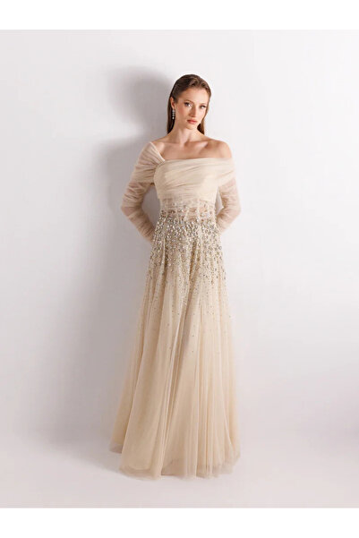 Kenzel فستان سهرة طويل الأكمام بدون حمالات مطرز بالكامل على طراز الأميرات