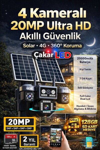 IDS 4 Kamera 20MP UltraHD Güneş Enerjili Sim Kartlı Güçlü Batarya Zoom Güvenl...