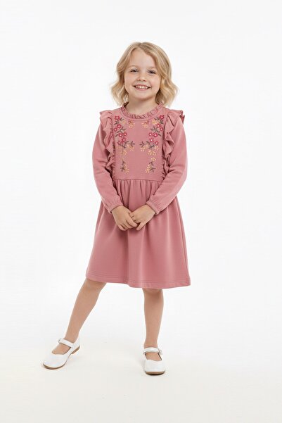 zahider Girl's 100% Cotton Embroidered Dress with Shoulder Ruffles