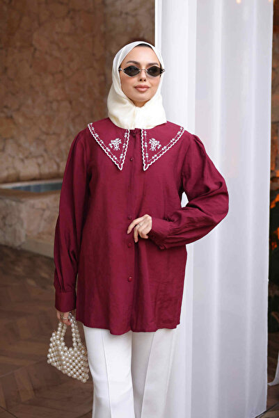 İmajButik Burgundy Nfc-5345 Collar Embroidered Buttoned Shirt