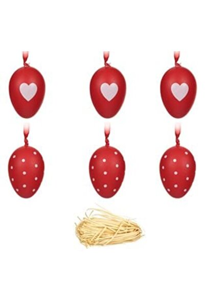 OEM Ouă decorative de Paște roșii cu inimioare și buline 6 cm - 6 buc