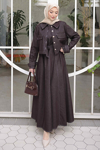 İmajButik Brown Denim Jacket Dress Double Combination Set