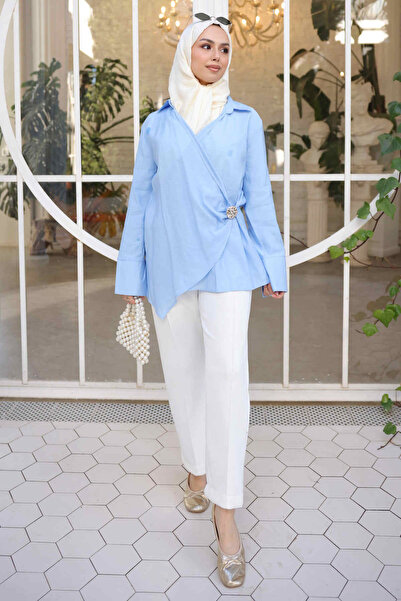 İmajButik Baby Blue Double-Breasted Collar Brooch Detailed Kimono Shirt