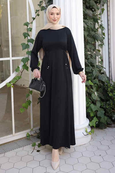 İmajButik Black Crew Neck Dress with Elastic Waist and Sleeves