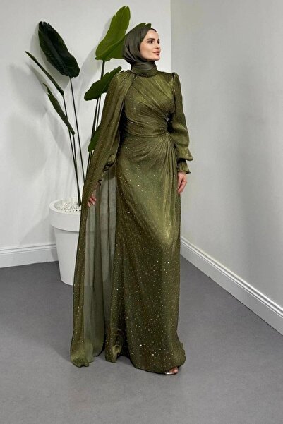 Şulemoda Giyim Stone Detailed Evening Dress Khaki