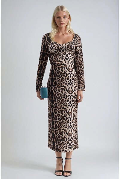 BASOLES Women's Heart Collar Leopard Print Long Dress with Slit Detail on the...