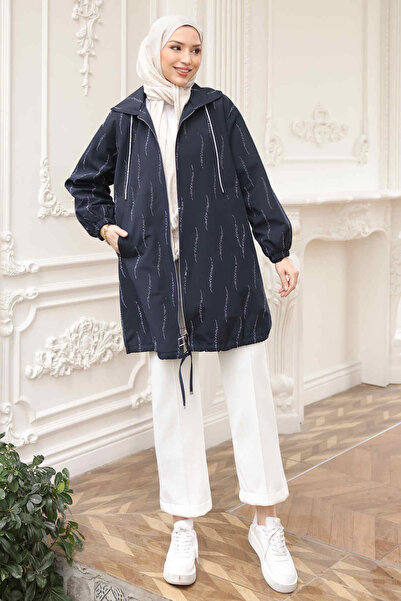 İmajButik Navy Blue Stone Embroidered Zippered Trench Coat