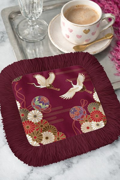 Evimde Bambaşka Elegant Crane Bird Fringed Presentation Napkin - Japanese-Inspired Luxurious Bohemian Burgundy Coaster Tissue