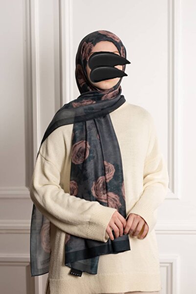 Lemaye Antik Gül Desenli Pamuk Şal - Gece Mavisi