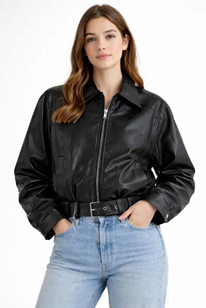 ModaPlaza Women's Belted Leather Jacket 1056