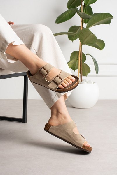 starmarj Unisex Orthopedic Sole Slippers with Double Strap Buckle, Daily Comfortable Home & Outdoor Slippers - Beige
