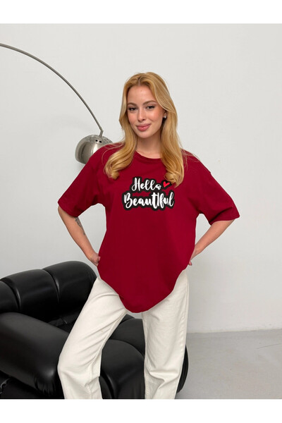 Cool & Sexy تي شيرت نسائي كبير الحجم مطبوع باللون العنابي