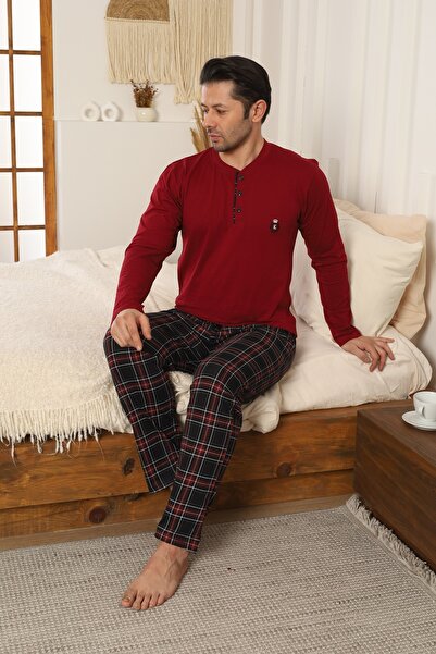 KAPİTEX Men's Long Sleeve Buttoned Cotton Seasonal Black Pajama Set