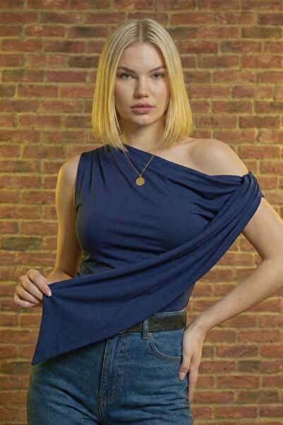 moddosa fashion Women's Asymmetrical Collar Shoulder Tie Detailed Stretchy Bl...