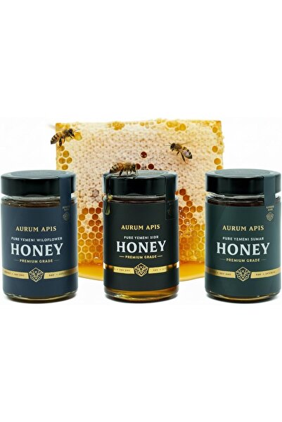 Aurum Apis علبة هدايا عسل يمني - عسل سدر، وسمر، وزهور برية أصلي (عبوة من 3 قط...