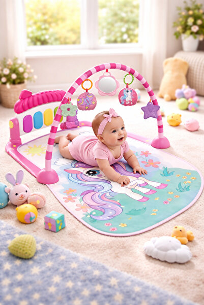 babydoor Unicorn Desenli Piyanolu Bebek Oyun Halısı 0+Ay Figürlü Işıklı ve Mü...