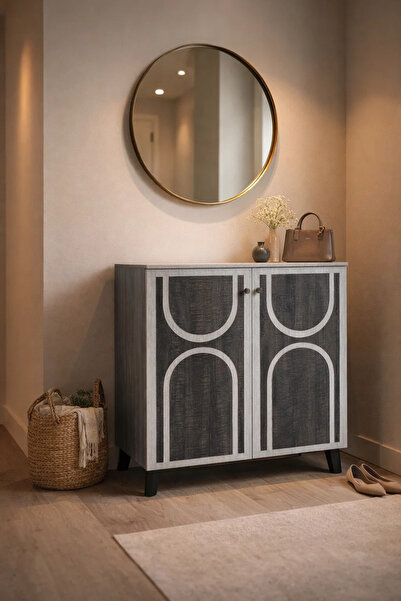 MARIA HOMES Stylish Grey Shoe Cabinet with Geometric Arch Design Modern Entry...