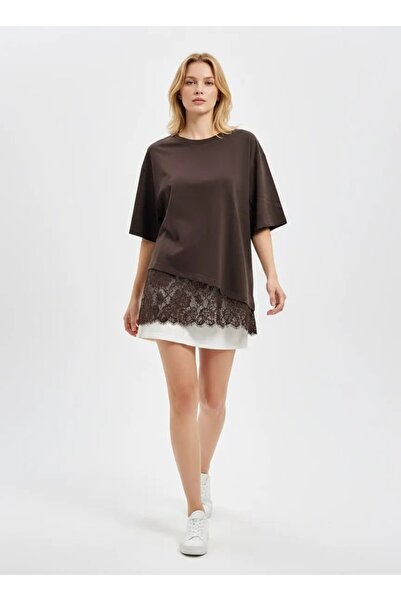 Park Karon Women's Crew Neck Skirt Lace Detailed 100% Cotton Combed Cotton Bl...