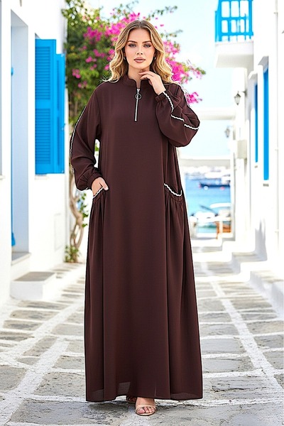 Tubik Women's Hijab Dress with Stand Collar, Zipper Closure, and Pocket