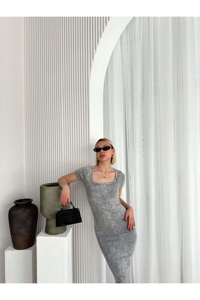 EVOA Women Square Neck Short Sleeve Stretchy Midi Bodycon Dress