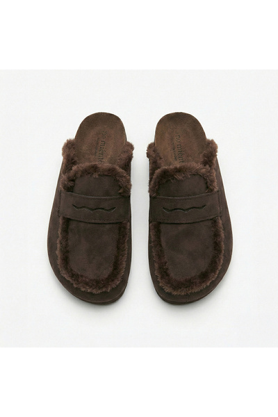 no miento Alka Kürklü Kadın Vegan Deri Kahverengi Sabo Terlik