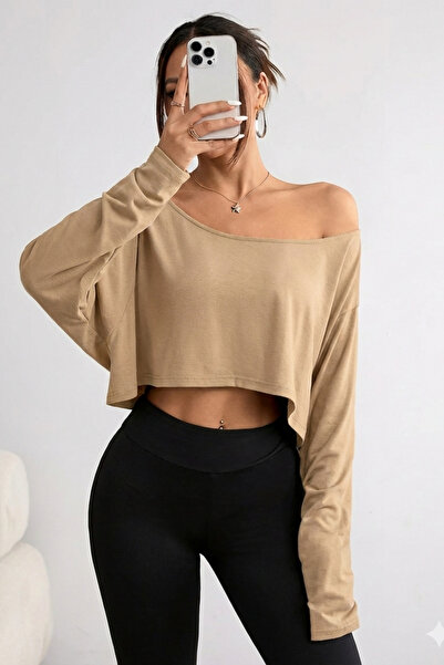 COOL TARZ Brown Women's Off-Shoulder Boat Neck Oversize Long Sleeve Crop T-Shirt