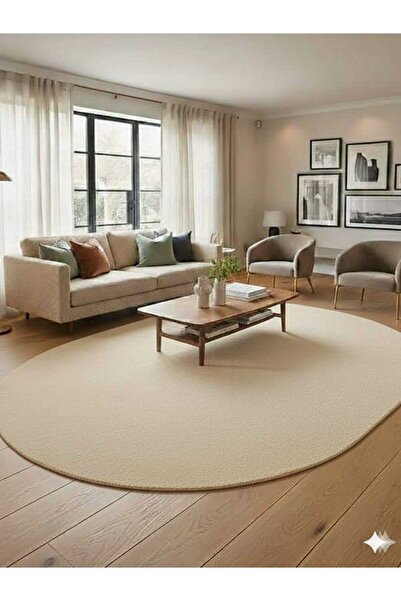 ALTUN CARPET Oval Oval-Cornered Beige Plush Non-Slip Base Carpet 12ml with 2 ...