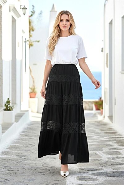 MODANI SEÇ Siyah Dantel Detaylı Kat Kat Uzun Etek
