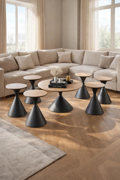 MARIA HOMES Modern 7-Piece Center Table Set 1 Large 6 Small Round Coffee Tabl...
