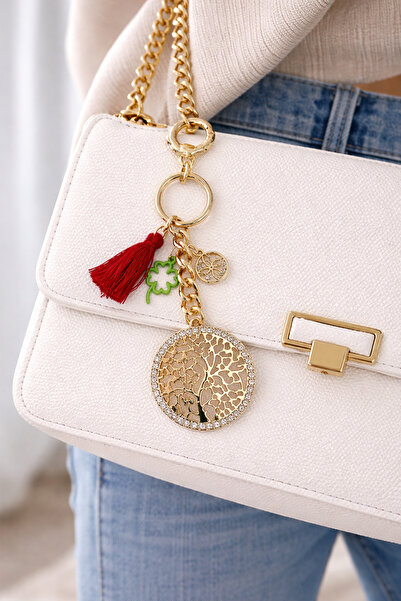 Modex Clover Tassel Detail Stoned Tree of Life Bag Accessory Keychain