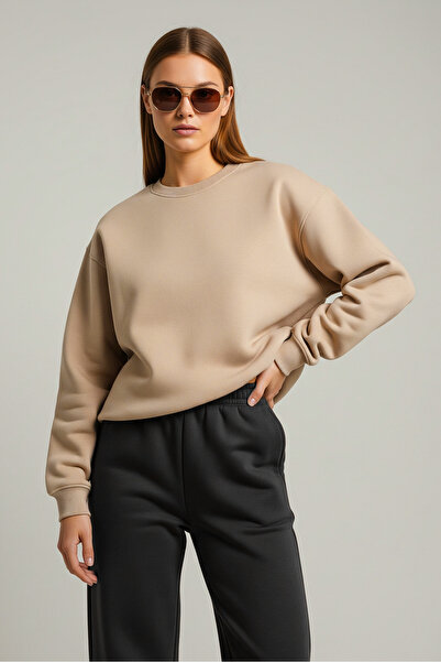 milidia Women's Oversize Crew Neck Basic Sweatshirt Beige