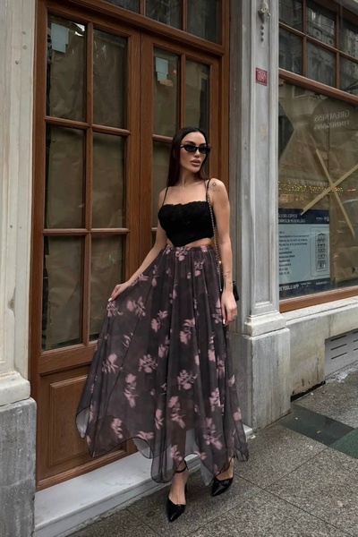 Noi Belis Boho Lined Elastic Waist Zippered Skater Skirt with Asymmetrical De...