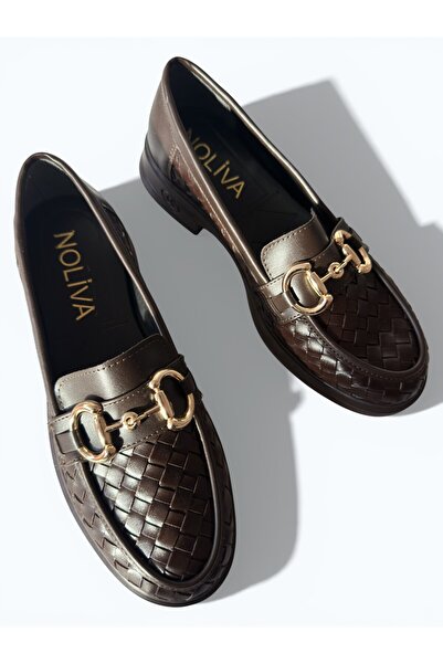 Noliva Women's Knitted Patterned Gold Chain Buckle Thick Sole Loafer Shoes