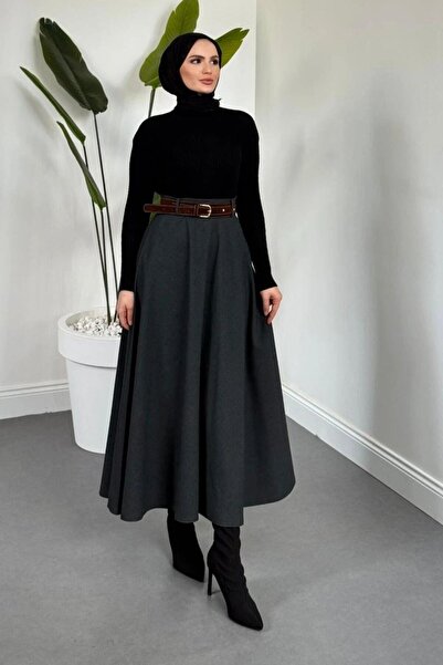 Şulemoda Giyim Belted Crepe Skirt Smoked