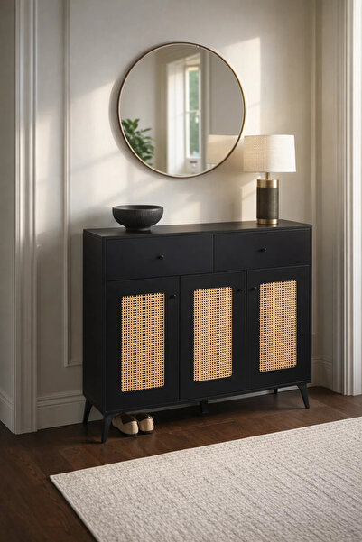MARIA HOMES Stylish Black Cane Webbing Shoe Cabinet 3 Doors 2 Drawers Entrywa...