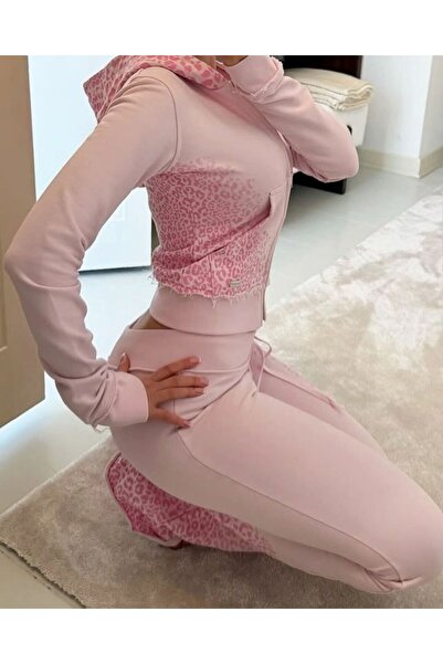 Messy Girls Kadın Pembe Fermuarlı Spor Takım Fit Kesim Leopar Desenli Crop Üs...