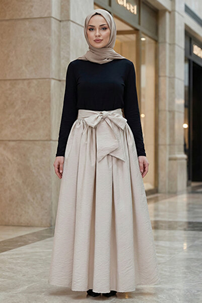 FERHEL Women's Pleated Belted Parachute Fabric Long Skirt - Beige