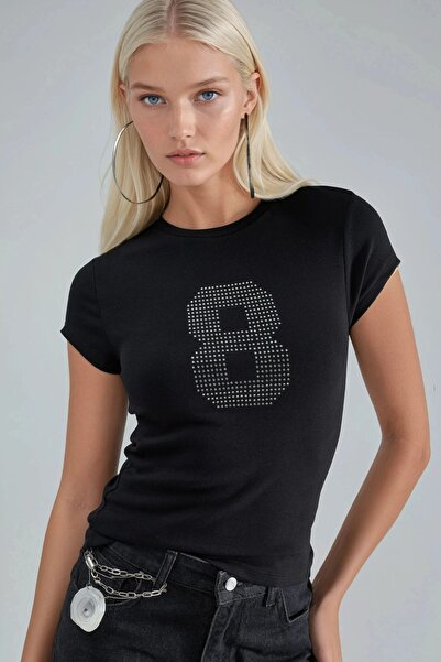 Hiccup BUSEM Short-Sleeved Stretchy knitted T-shirt with Stone-Embellished de...