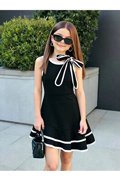 npLStore Girl's Shoulder Ribbon Detailed Striped Sleeveless Dress