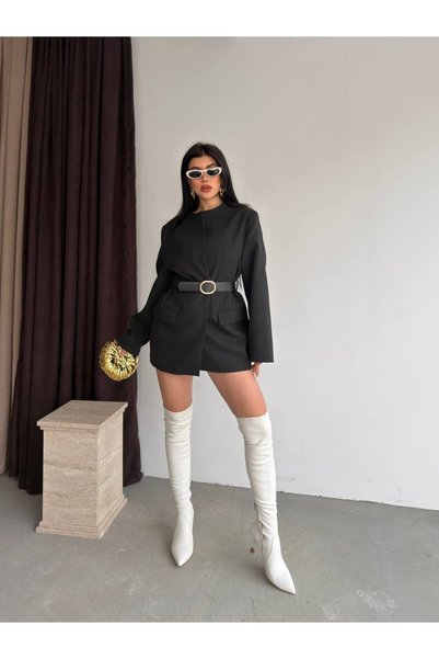 vesantia Kadın Siyah Modern Kesim Kemerli Astarlı Blazer Ceket