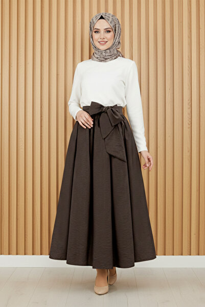 FERHEL Women's Pleated Belted Parachute Fabric Long Skirt - Dark Brown
