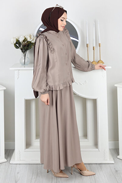 KL Ruffle Detailed Buttoned Skirt Suit Mink